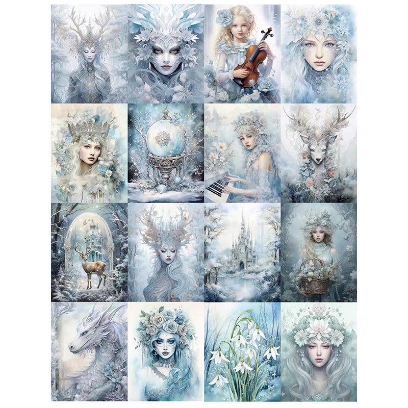 Retro journal stickers decoration, fantasy winter ice and snow