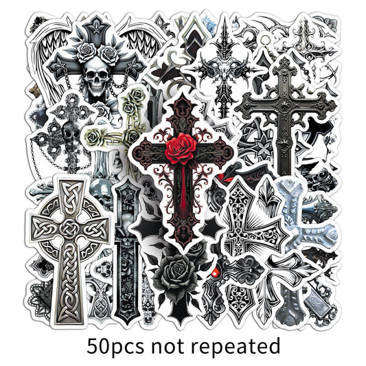 50 pieces of cross stickers in a retro dark gothic style, creative waterproof decorative flat helmet and cup stickers