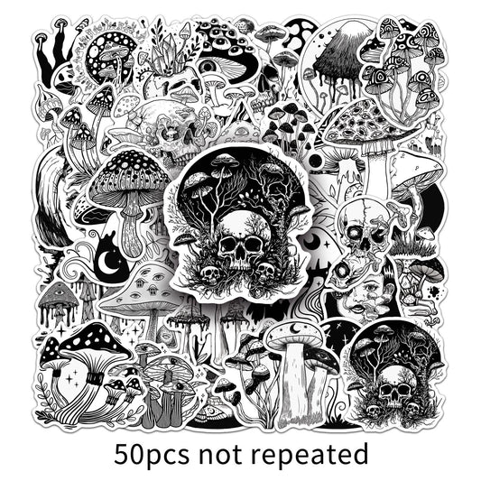 50 pieces of black and white dark mushroom graffiti stickers for personalized cross-border cool gothic decoration of mobile phone, water cup and skateboard stickers