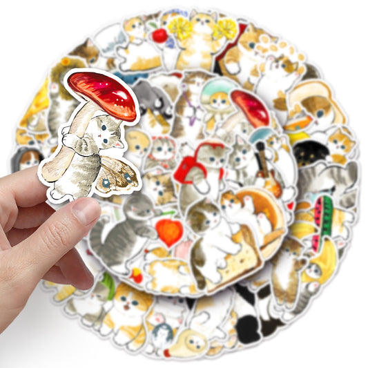 50 pieces of hand-drawn cat doodle stickers - unique, cartoonish, cute cat stickers for decorative use on water cups or computer screens.