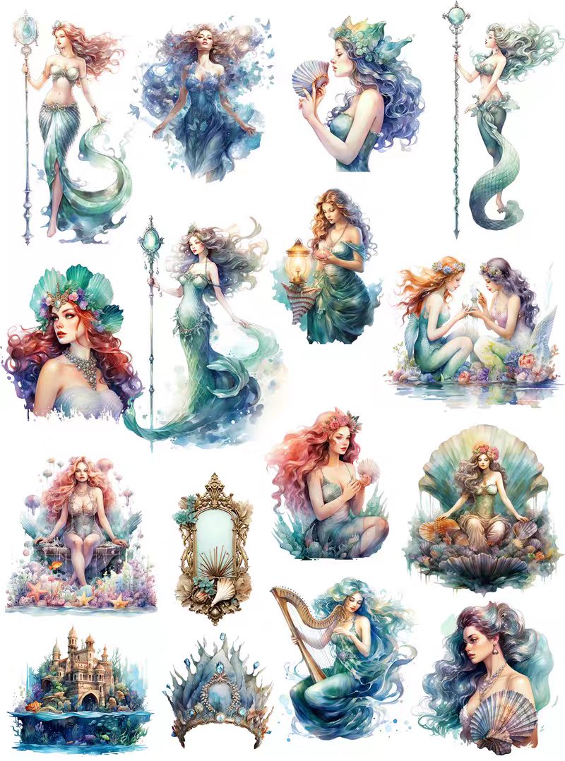 Retro journal sticker decoration, journal stickers, mermaid