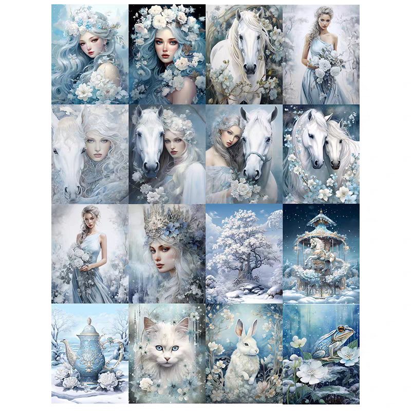 Retro journal stickers decoration, fantasy winter ice and snow