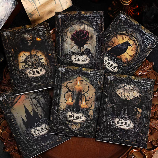 Darkly dancing patterned paper, antique-style wax candles, castle made of ruins, crows, ruins, cobwebs, hand-written notes, base background paper