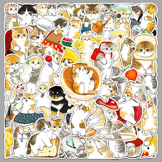 50 pieces of hand-drawn cat doodle stickers - unique, cartoonish, cute cat stickers for decorative use on water cups or computer screens.