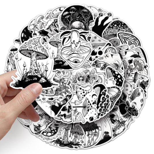 50 pieces of black and white dark mushroom graffiti stickers for personalized cross-border cool gothic decoration of mobile phone, water cup and skateboard stickers