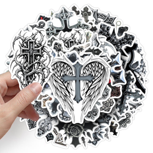 50 pieces of cross stickers in a retro dark gothic style, creative waterproof decorative flat helmet and cup stickers