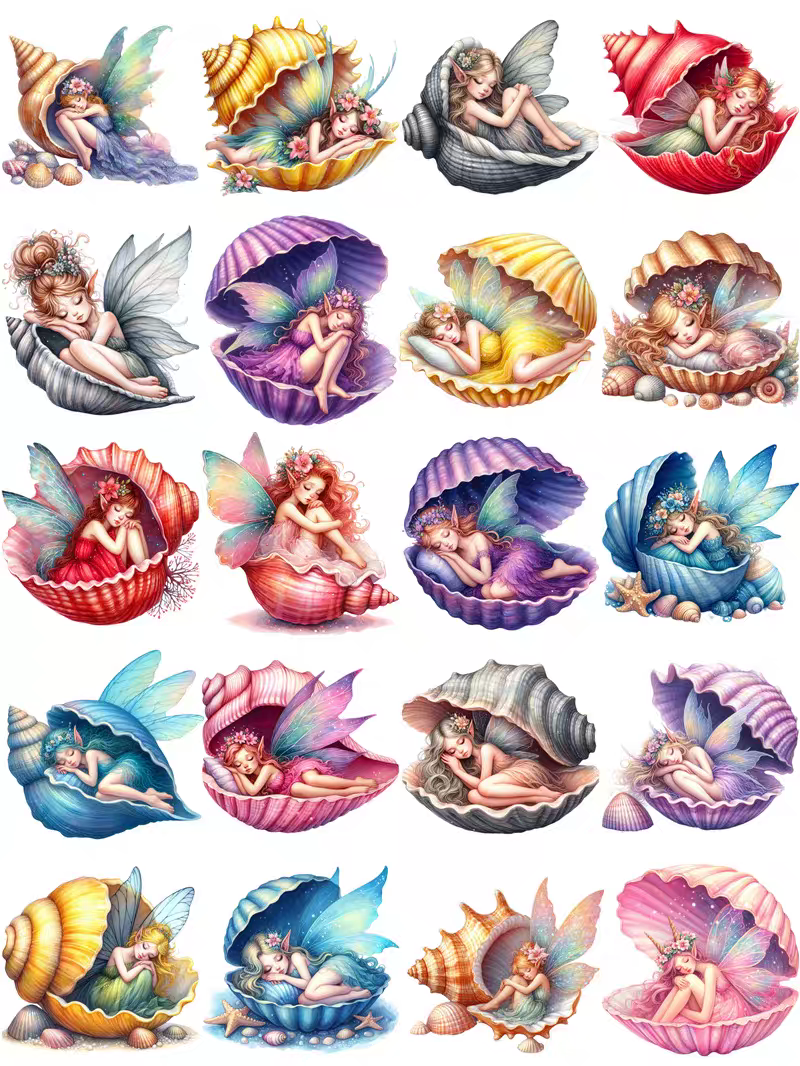 Retro journal sticker decoration, journal stickers, shell sleeping fairy